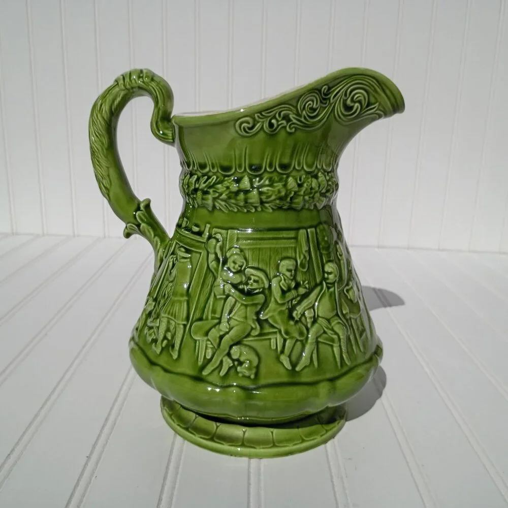 Mid-Century Green Pitcher Relief Pub Horse Scene Embossed Ceramic Signed 1971